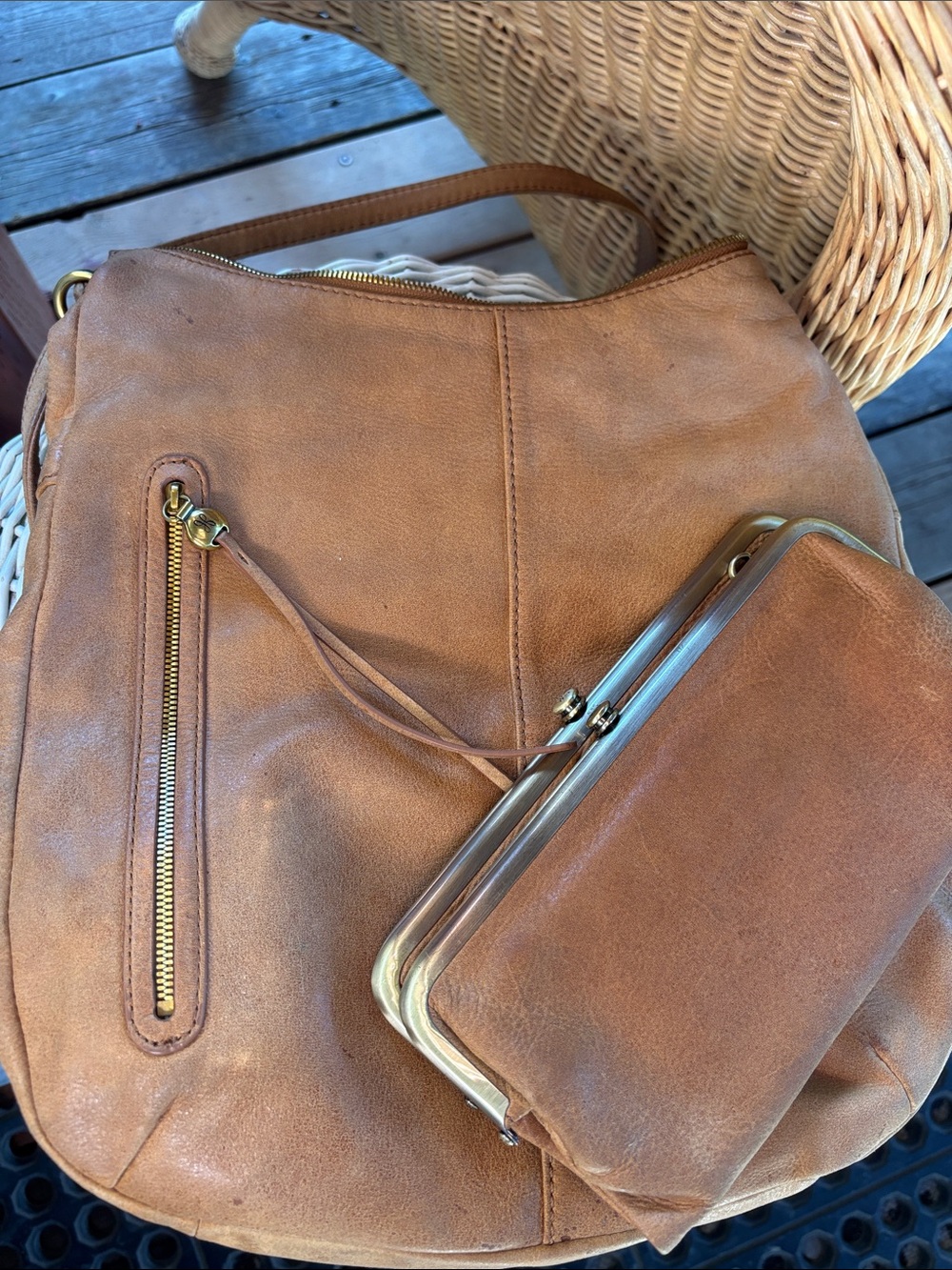 Hobo Merrin Convertible Backpack+Lauren clutch-wallet in a natural tan leather